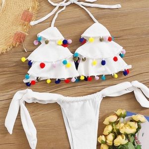 Pom Pom Triangle Bikini with Thong- Size M -NWOT